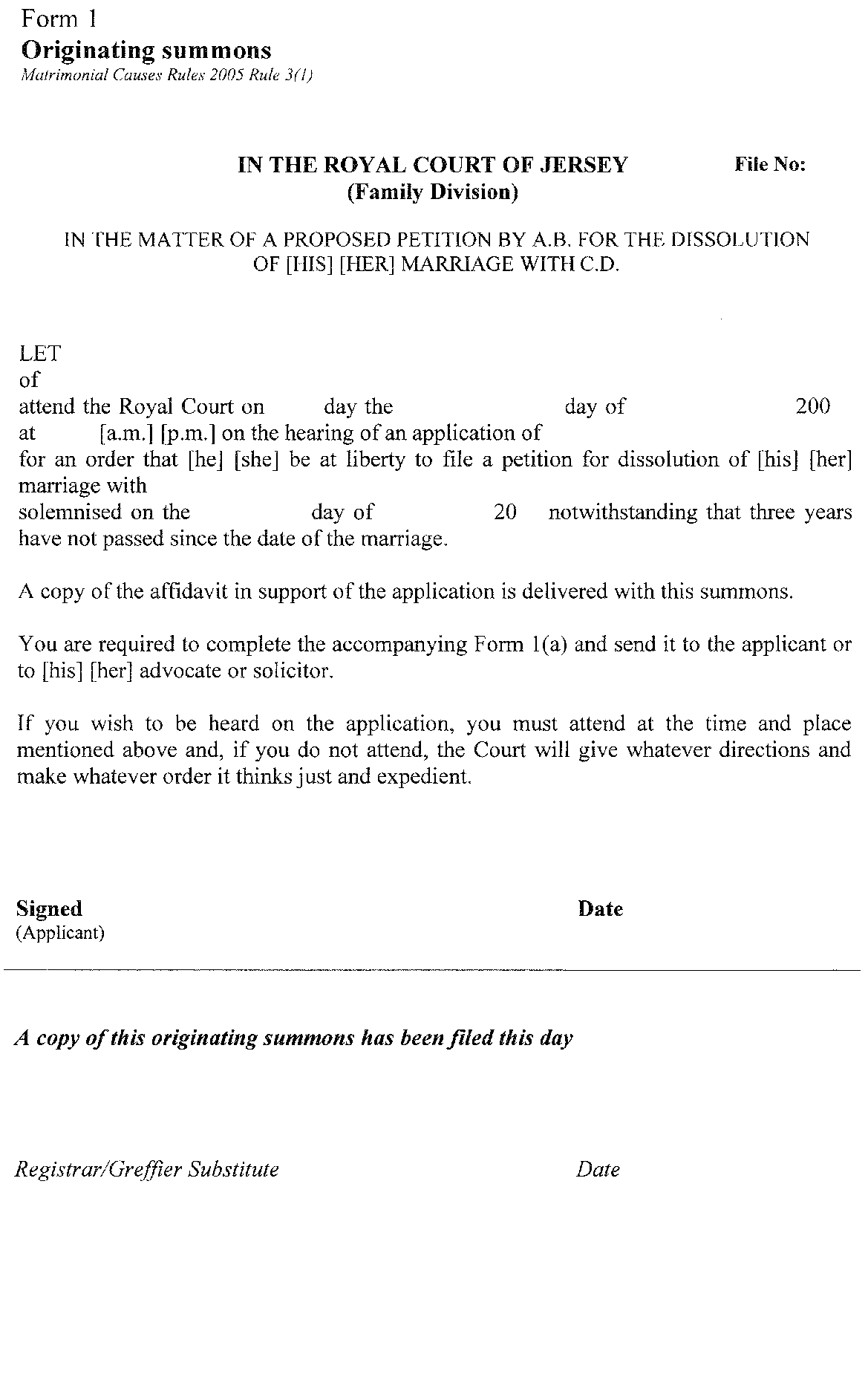 Form 1 - Originating summons