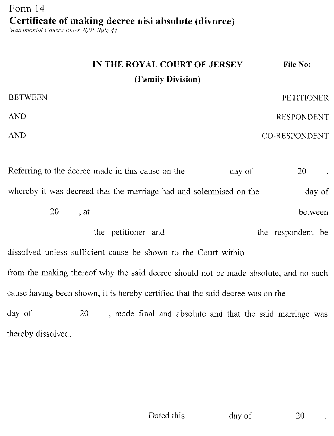Form 14 - Certificate of making decree nisi absolute (divorce)
