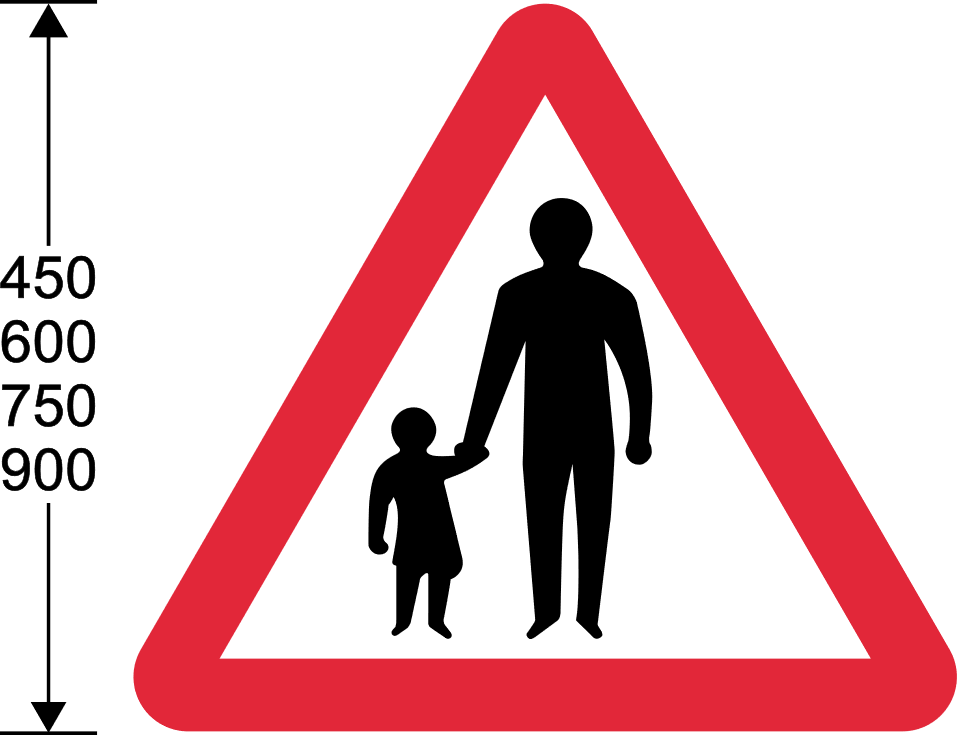 Red triangle with child and adult pedestrian symbols