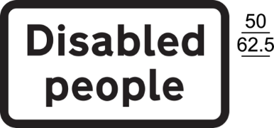 A black and white sign with black text