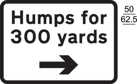 A black and white sign with black text, numbers and direction arrow