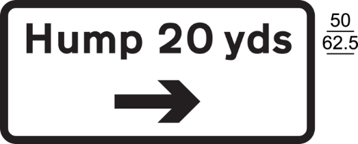A black and white sign with black text, numbers and direction arrow