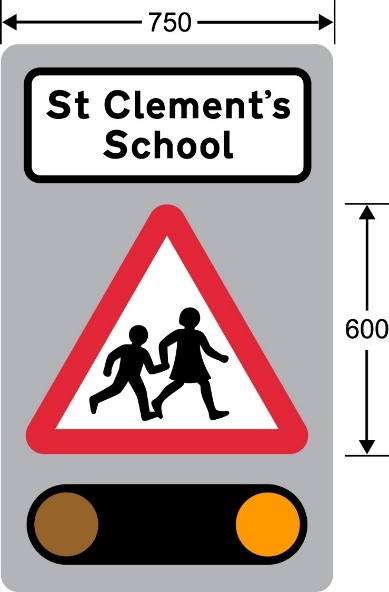 Sign with school name, also a red triangle with children symbol and 2 orange circles