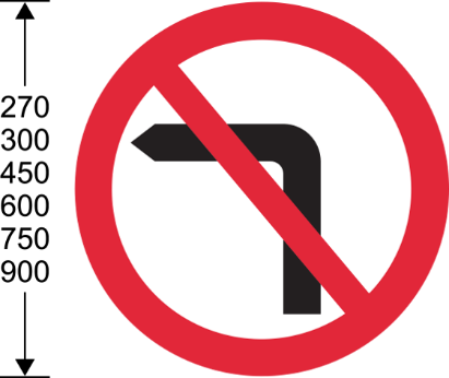 Red circular sign with black no left turn arrow