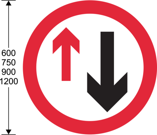 Red circular sign with priority direction red and black arrows