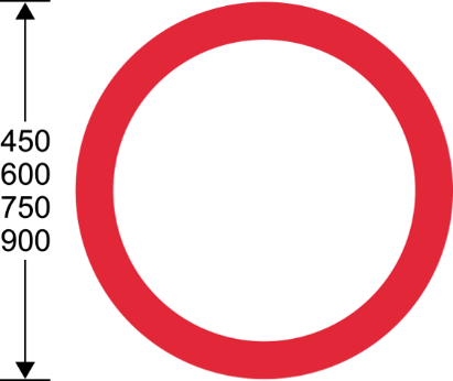 Red circular sign with dimensions