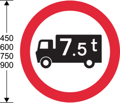 Red circle sign with a truck and numbers