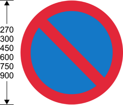 A blue and red circular sign with dimensions