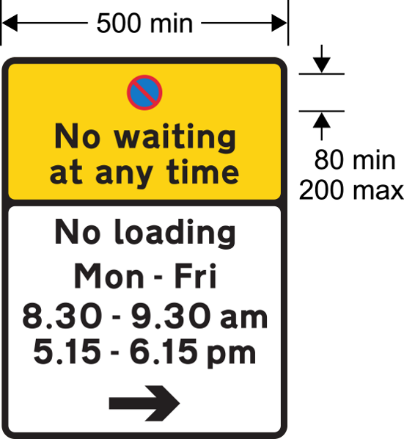 A yellow sign with black text showing prohibited loading times