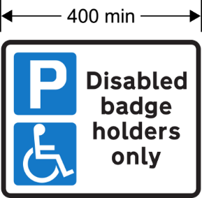 A sign with "P" and disabled sign and "Disabled badge holders only" in black  text