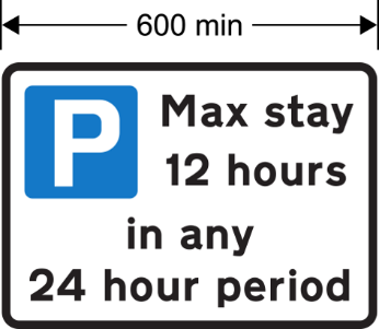 A sign with "P" and "Max stay 12 hours in any 24 hour period" in black text