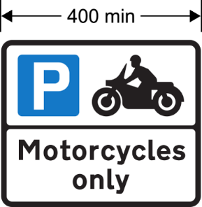 A sign with a person riding a motorcycle and "P" and "Motorcycles only"  in black text