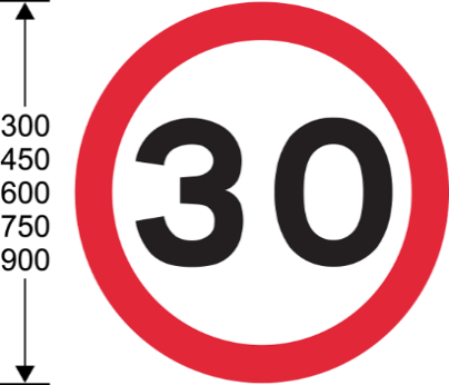 A red and white sign with black number 30