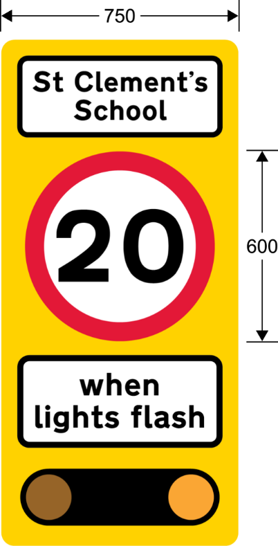 A yellow sign with black text and a red circle with a white circle with black number 20