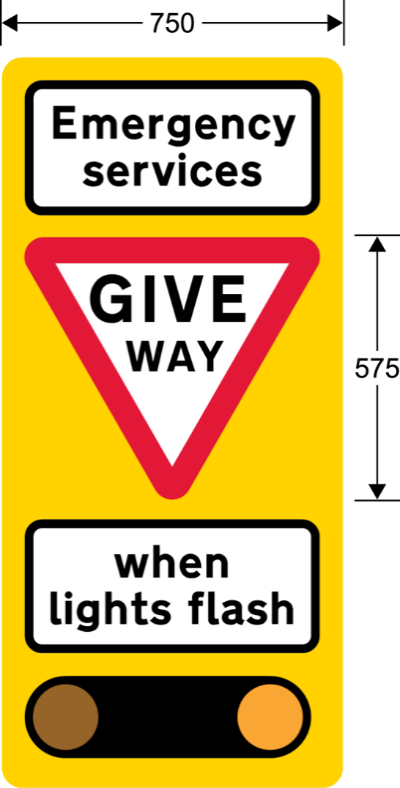 A yellow sign with a red triangle and white text  Description automatically generated