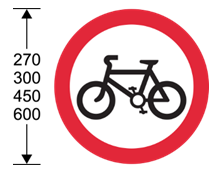 A red circle with a black and white bicycle symbol  Description automatically generated