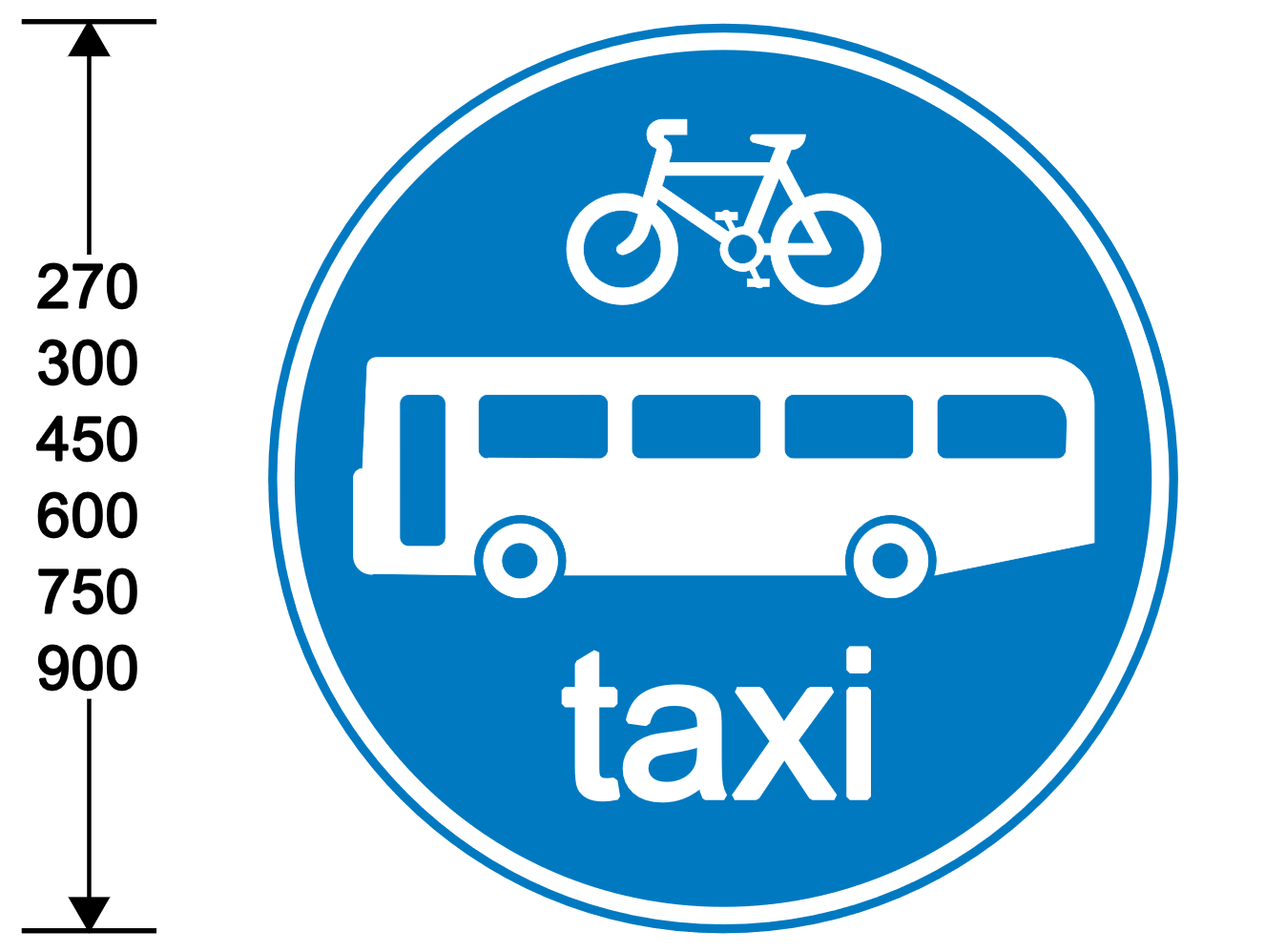 A blue circle with white text, a white bike and a bus