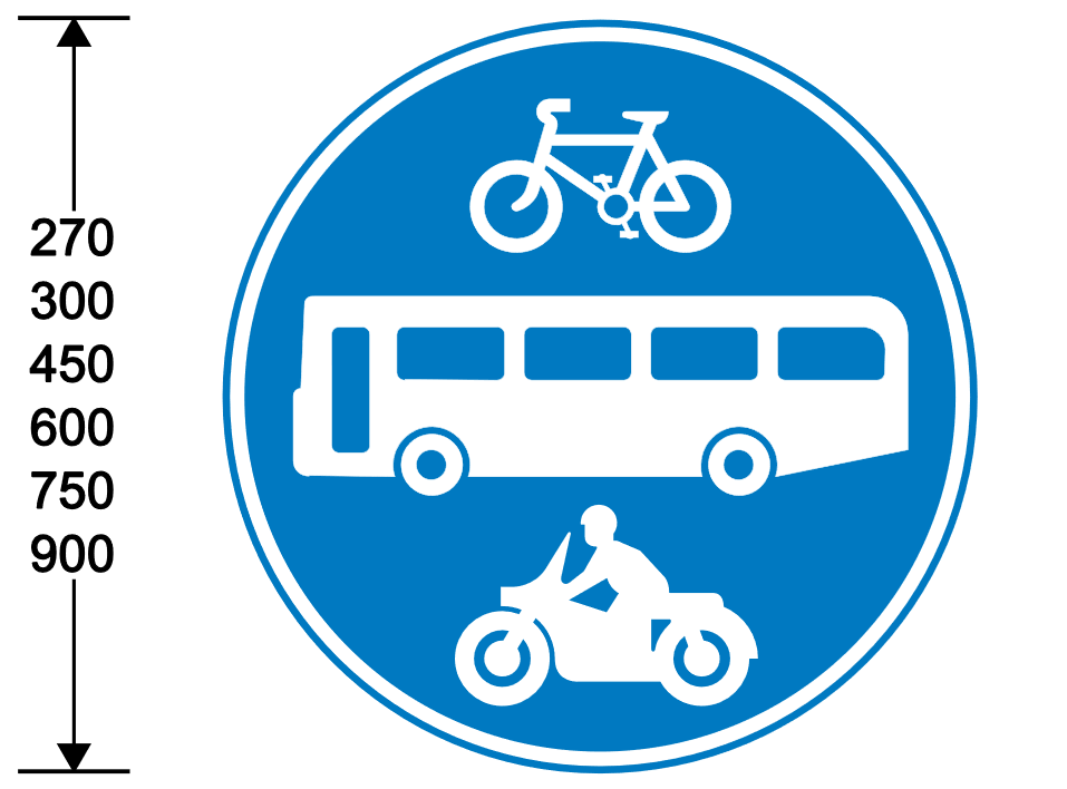 A blue circle with white bus, cycle and motorcycle on it