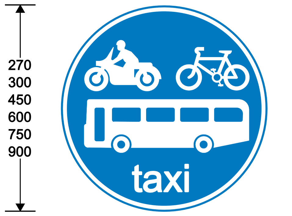 A blue circle with white text and a white bike, motorcycle and a bus