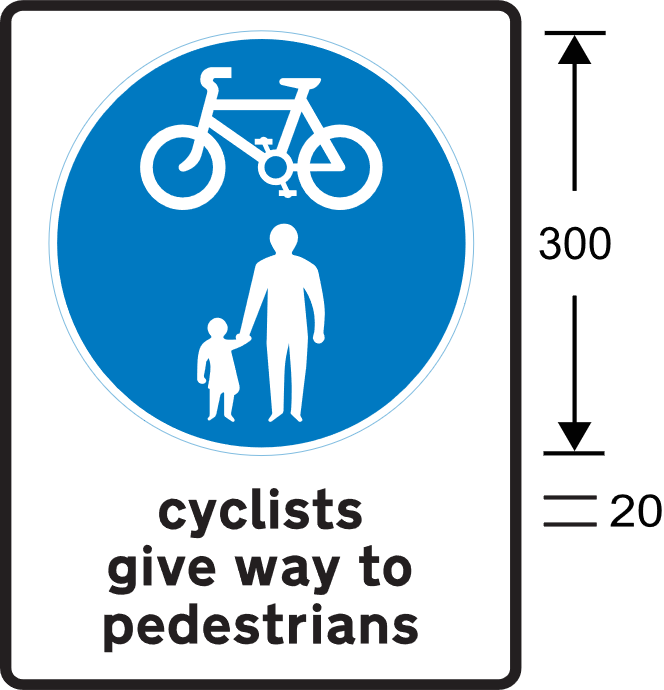 A blue and white sign with a person and a child and a bicycle and black text