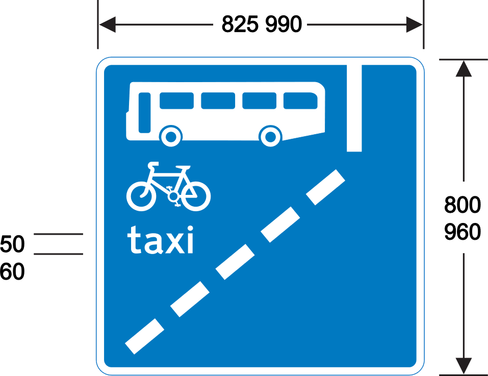 A blue sign with white text and a bus and bicycle