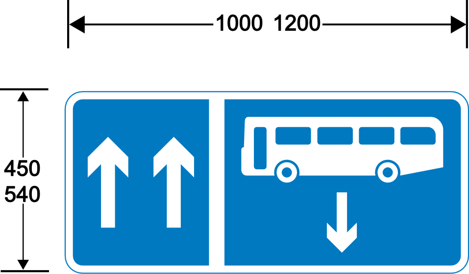 A blue and white sign with arrows and a bus