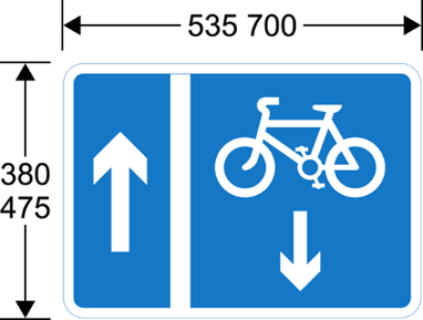 A blue sign with a white bicycle and arrows