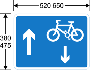 A blue sign with a white bicycle and arrows