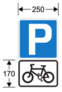 A blue and white sign with a bicycle and a white P letter