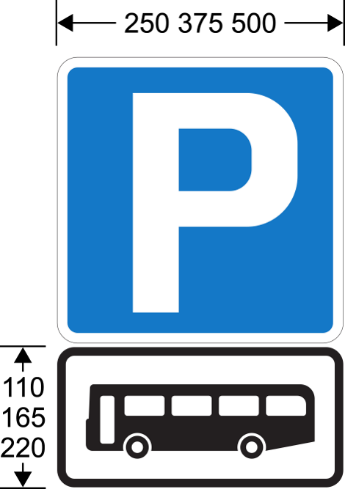 A blue and white sign with a white P letter and bus image