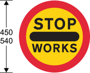 A red and yellow sign with black stop and works text