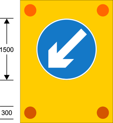 A yellow sign with a white arrow in a blue circle