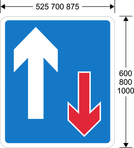 A blue sign with white arrow and red arrow pointing in opposite directions