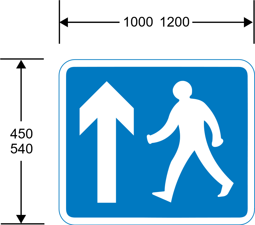 Blue sign with white arrow and pedestrian