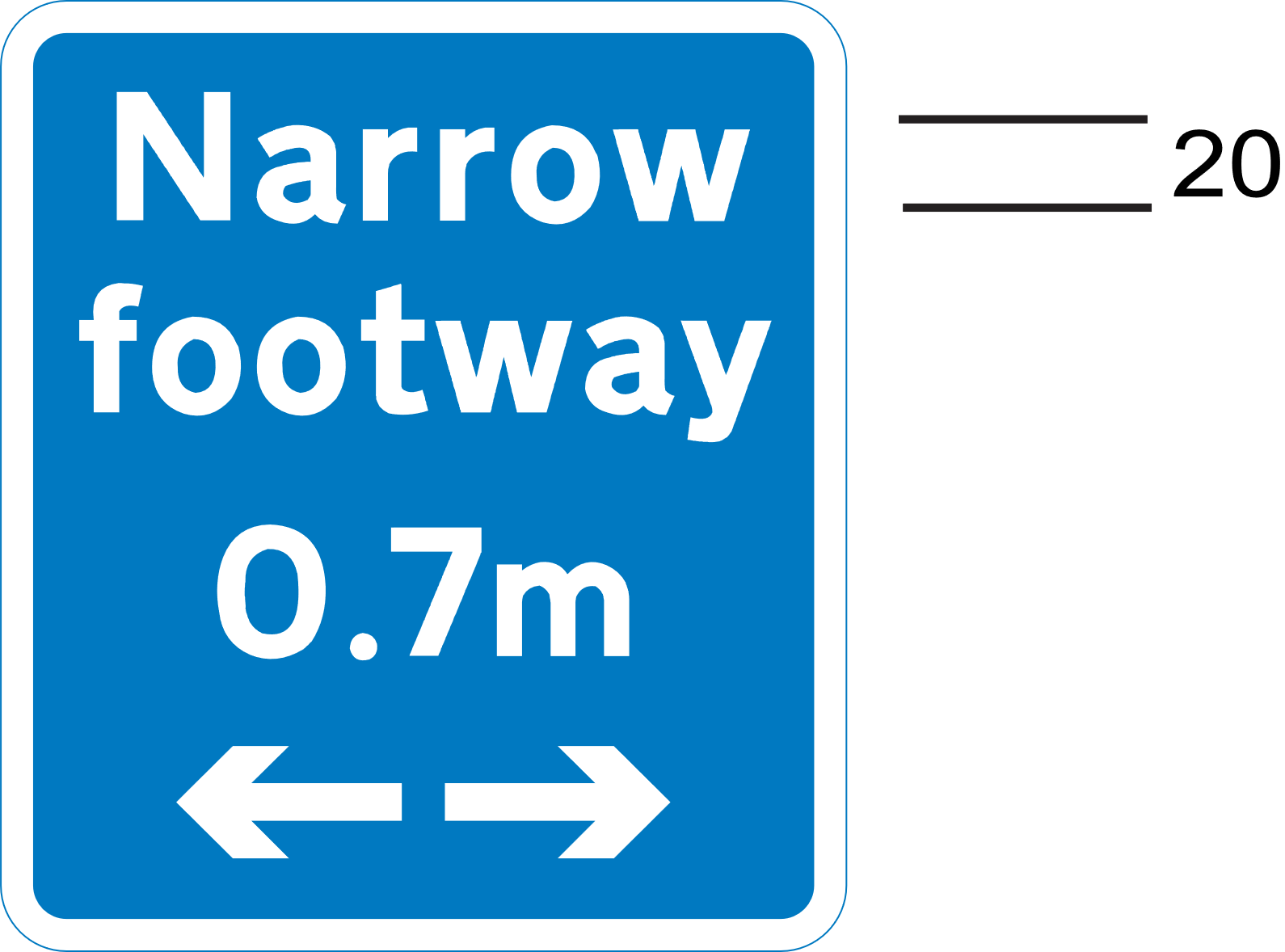 Blue sign with white text, numbers and 2 arrows