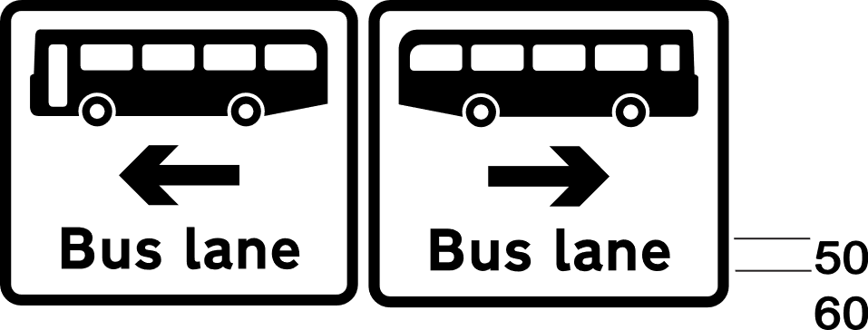 2 signs each with a bus symbol, arrow and text
