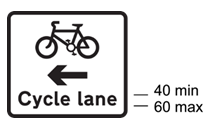 A black and white sign with a bicycle, arrow and text 