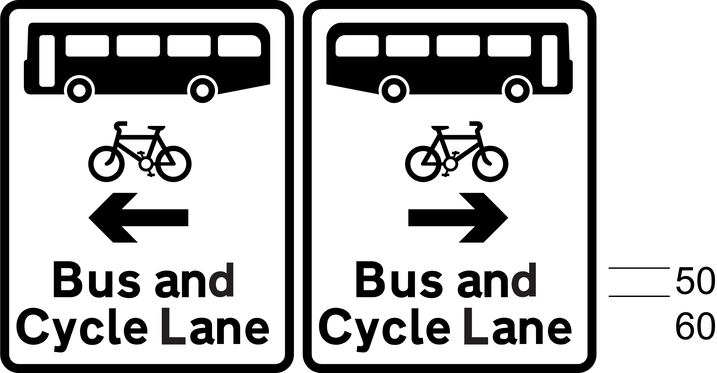 2 signs each with a bus and bicycle symbol, arrow and text