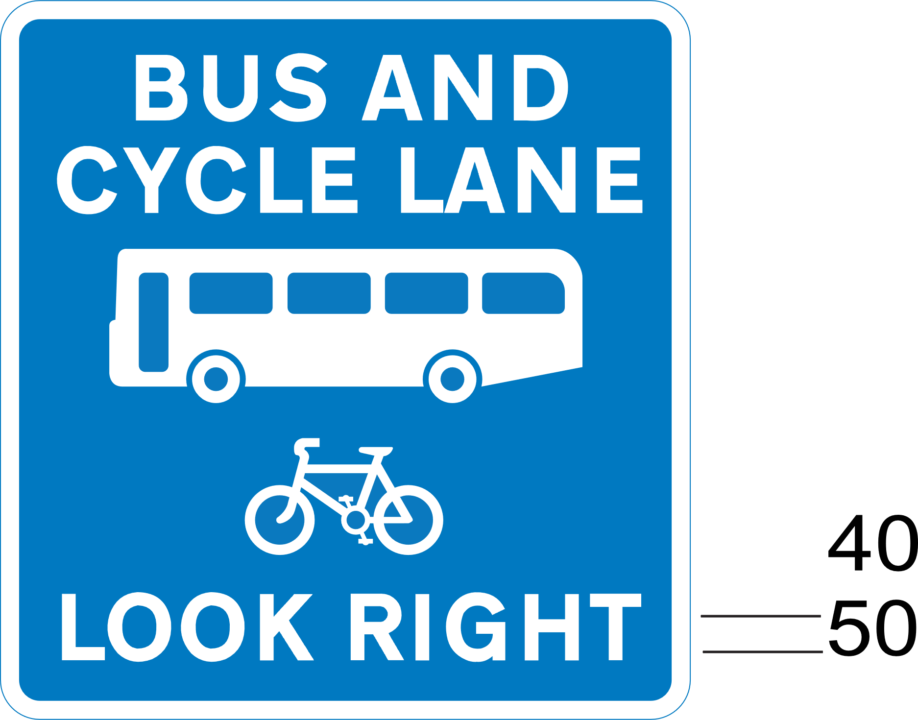 A blue sign with a bus and bicycle and white text