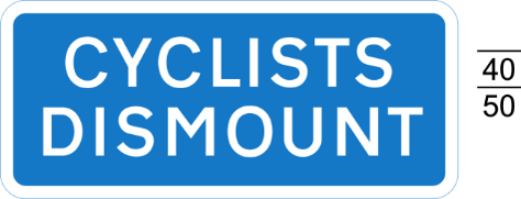 A blue sign with white text