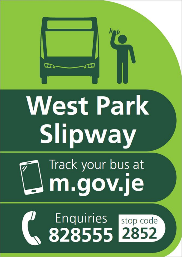 A green and white sign with a person and a bus with text and numbers below