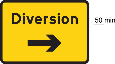 A yellow sign with black text and an arrow
