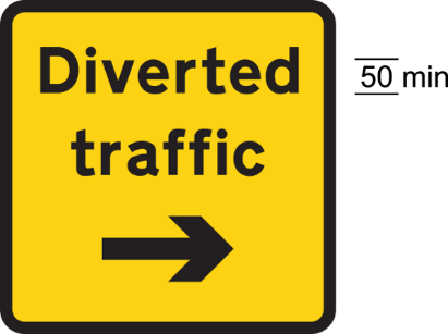 A yellow sign with black text and an arrow