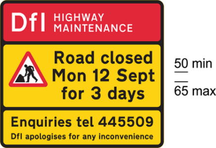 Yellow and red sign with black text and numbers