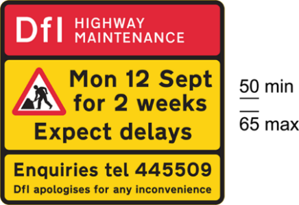 Yellow and red sign with black text and numbers