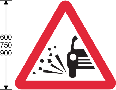 A red triangle sign with a black and white image of part of a car