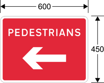 A red sign with white text and an arrow