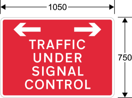 A red sign with white text and 2 arrows