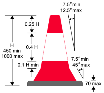 An image of a red and white traffic cone, with size dimensions 