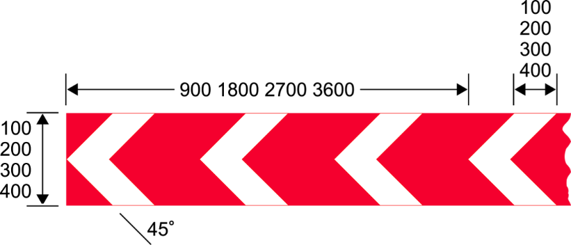 A sign with red and white arrows and size dimensions